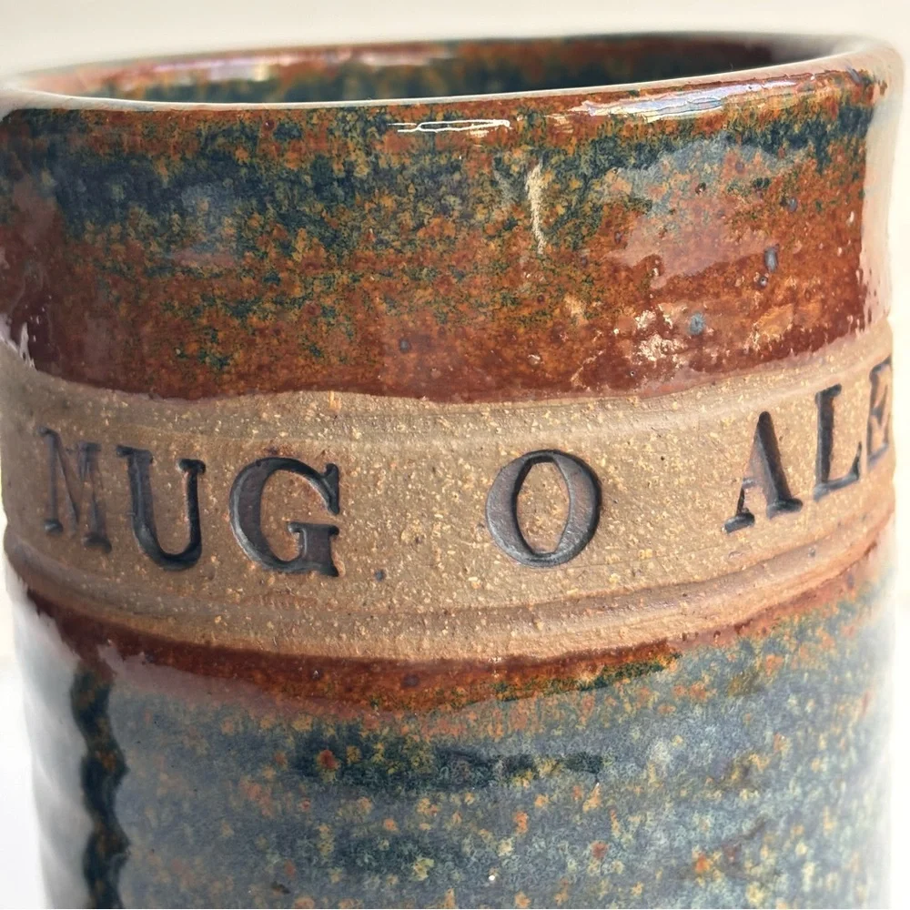 Handcrafted Large Mug-O-Ale Rustic Ceramic Blue Brown Beer Mug Textured‎ Design